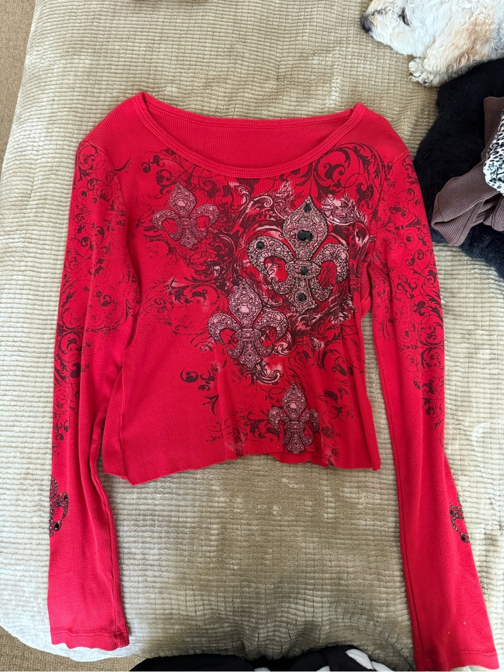 Red Embellished Fleur-de-Lis Long Sleeve Top